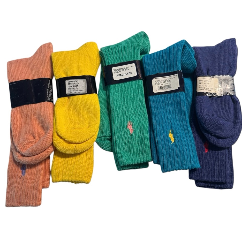 Vtg NOS Polo Ralph Lauren Crew Socks Lot Mens Teal Ribbed Pony Logo 5 Pair Multi - Picture 2 of 10